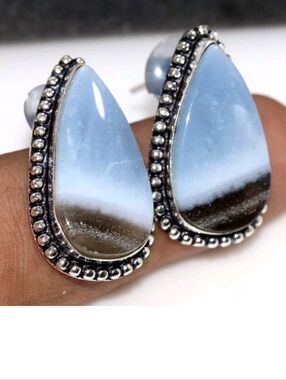 Owhyee Blue Opal Gemstone 925 Sterling Silver Handmade Stud Earrings